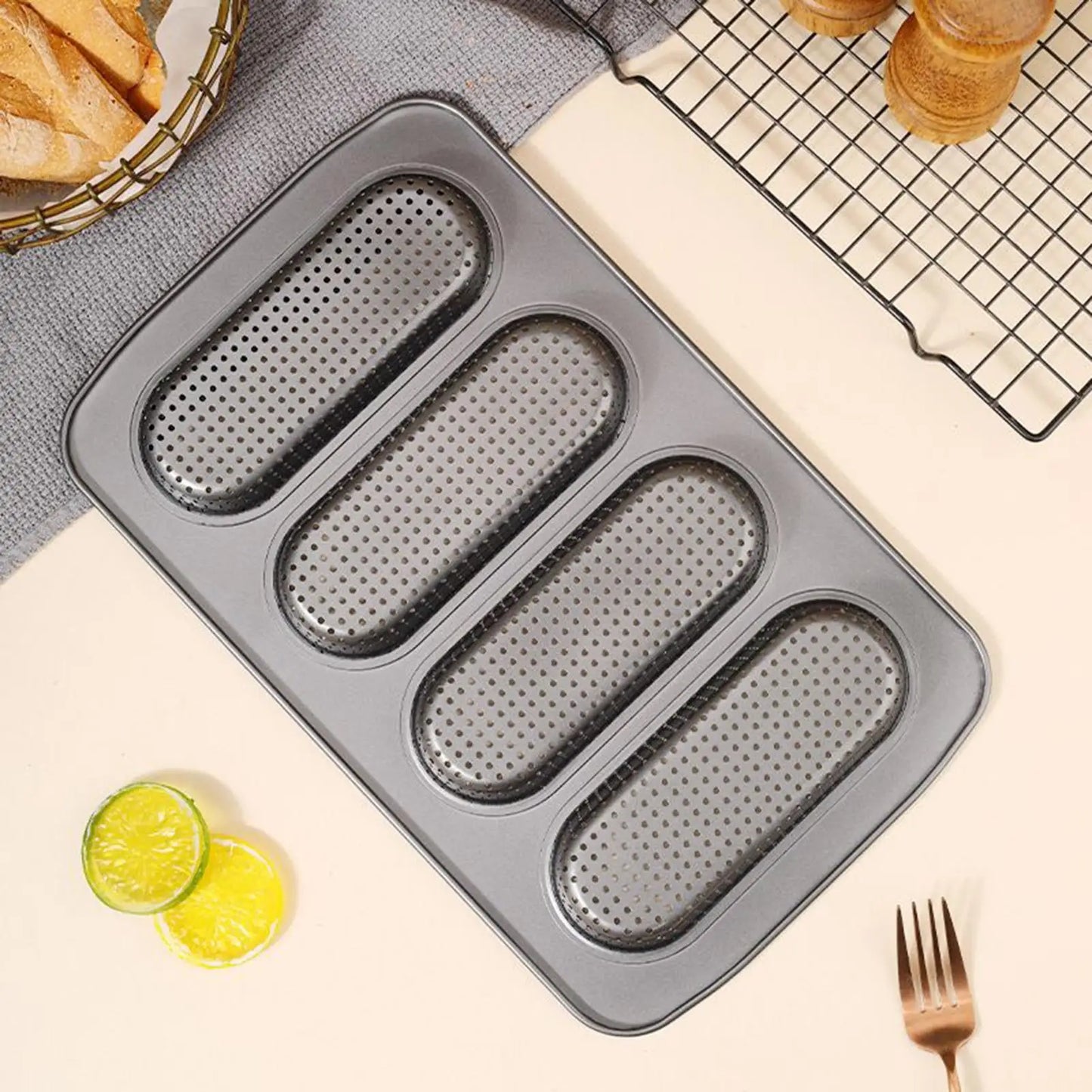 4-Cavity Carbon Steel Non-Stick Hot Dog Bun Baking Pan Bun Baking Pan Peaceful Pleasures Health and Wellness