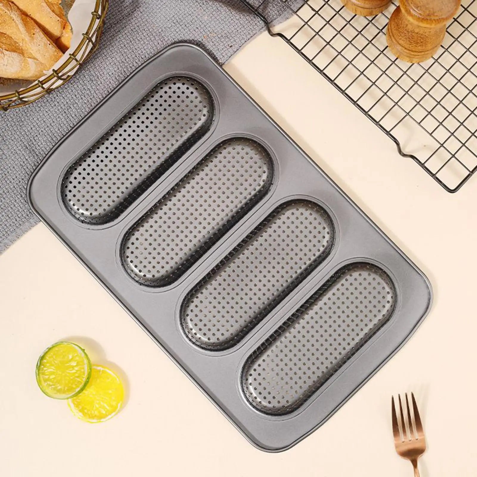 4-Cavity Carbon Steel Non-Stick Hot Dog Bun Baking Pan Bun Baking Pan Peaceful Pleasures Health and Wellness