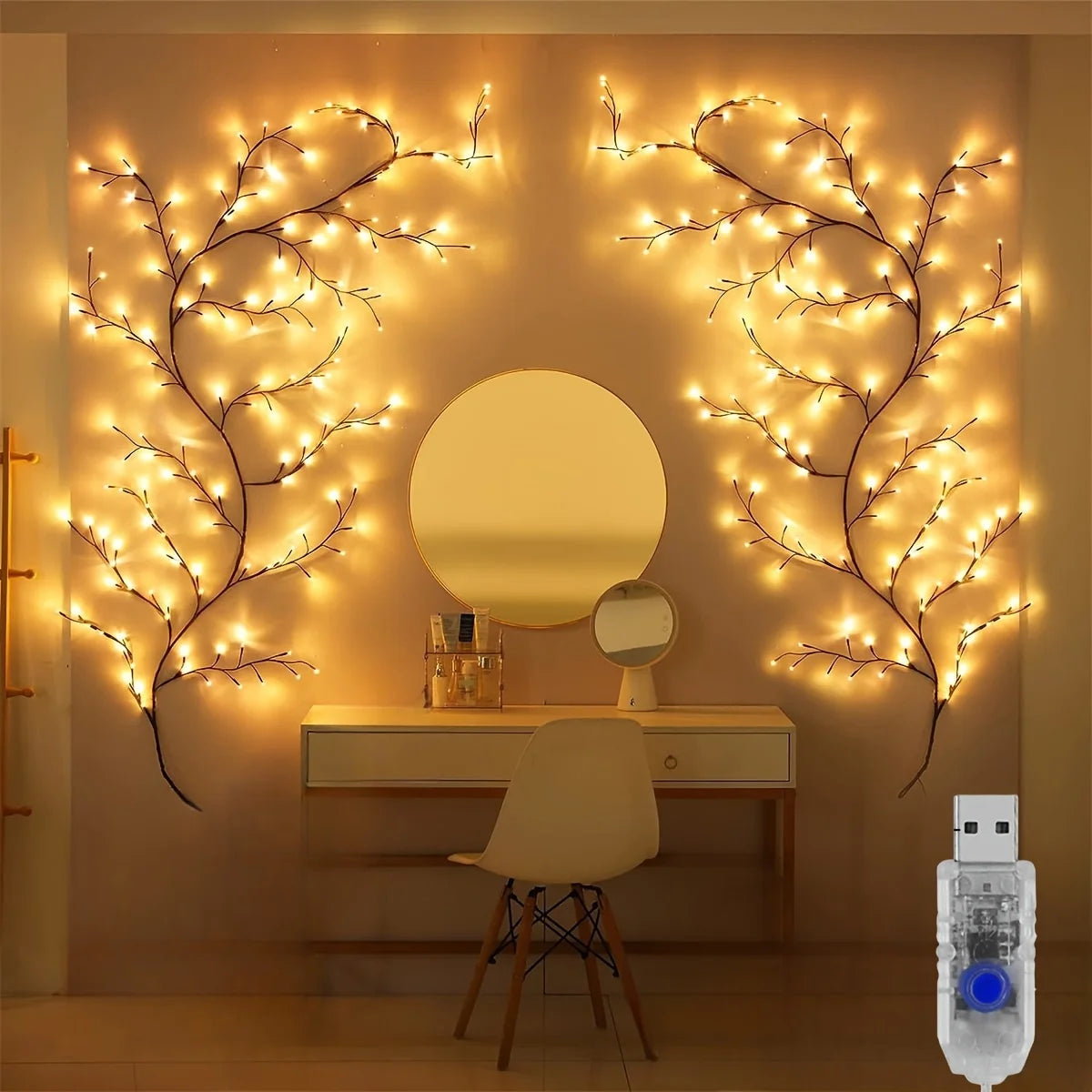 USB Rattan Tree Branch LED Lamp – Dimmable Night Light