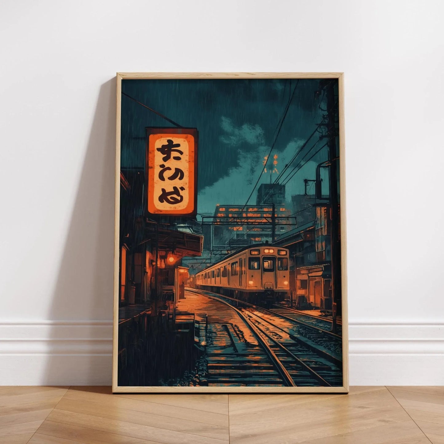 Retro Japanese Railway Canvas Print | Tokyo Rainy Night Wall Art