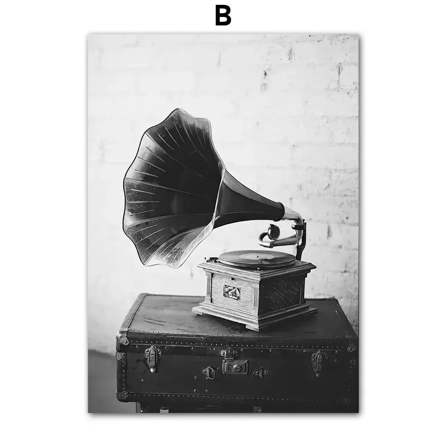 Black & White Retro Canvas Wall Art | Camera Gramophone Print