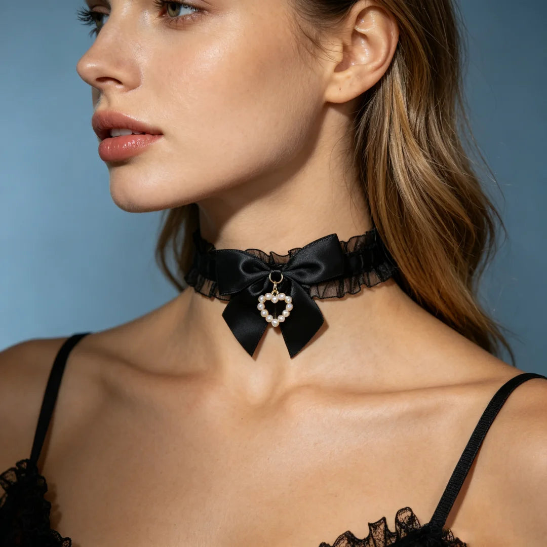 UYEE Belt Black Satin Bow Choker Necklace Pearl Heart Pendant