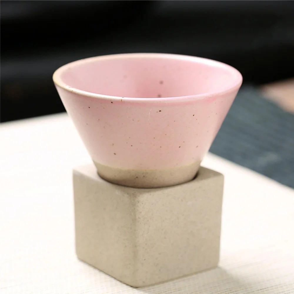 100ml Coarse Pottery Coffee Mugs, Japanese Style Ceramic Tea Cups Triangular Cone Shape Porcelain Retro Mug with Square Base Peaceful Pleasures Health and Wellness 100ml Pink 100ml