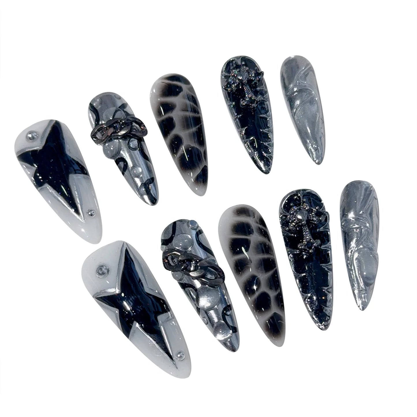Handmade Press on Nails Punk Cool Black Star Crocodile pattern False Nails Heavy Metal European Black Almond Fake Nail Patches Peaceful Pleasures Health and Wellness L