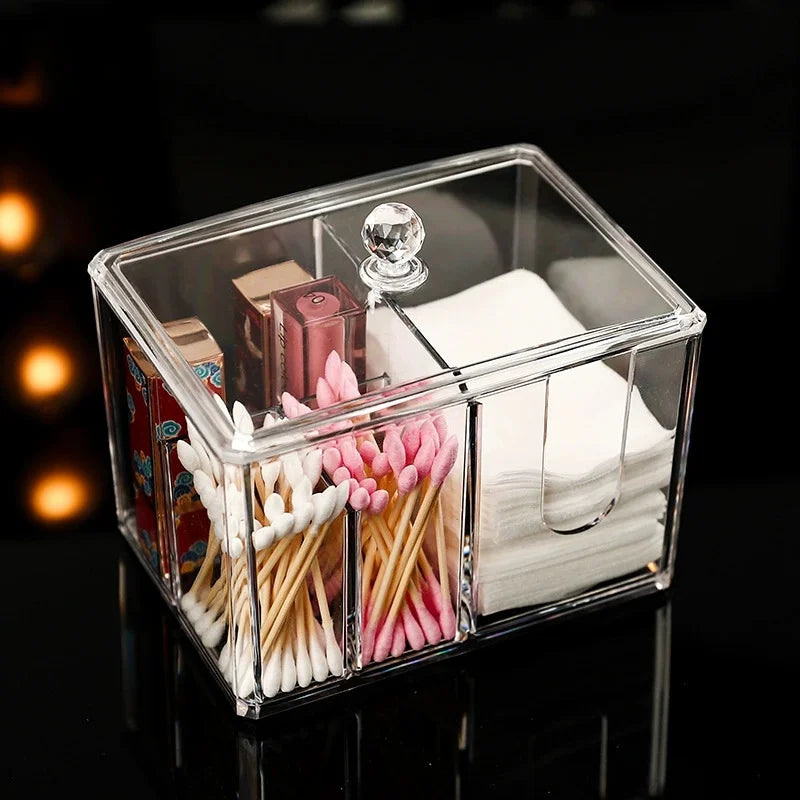 Clear Acrylic Cotton Swab & Makeup Pad Holder Organizer with Lid
