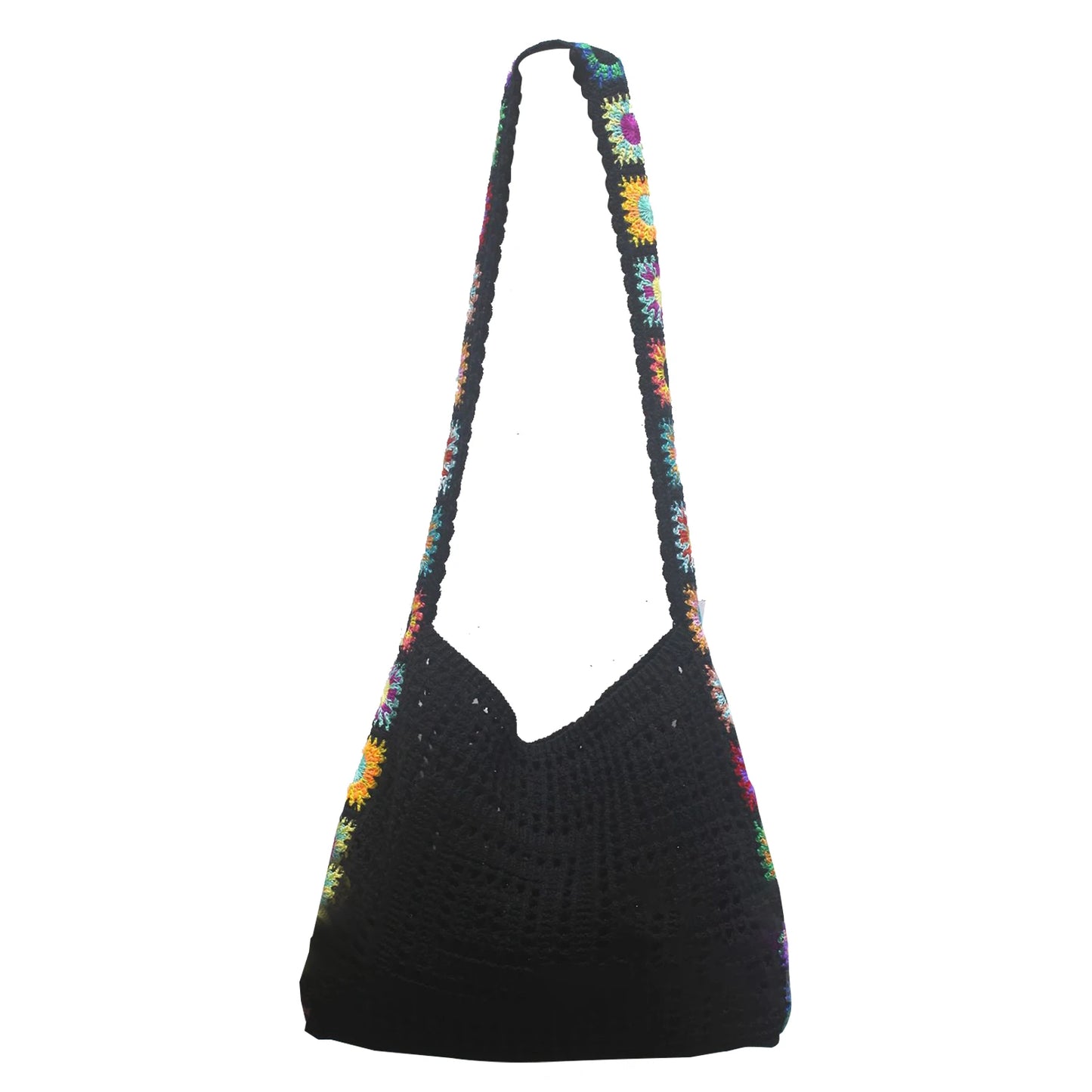 Boho Knitted Shoulder Tote Bag Travel Crossbody Bag Summer Vacation Beach Handbags for Holiday Vacation Camping Picnic Peaceful Pleasures Health and Wellness Black