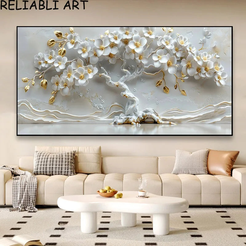 3D Golden White Flower Tree Poster and Prints Light Luxury Canvas Painting Wall Art Pictures for Living Room Home Decor No Frame Peaceful Pleasures Health and Wellness