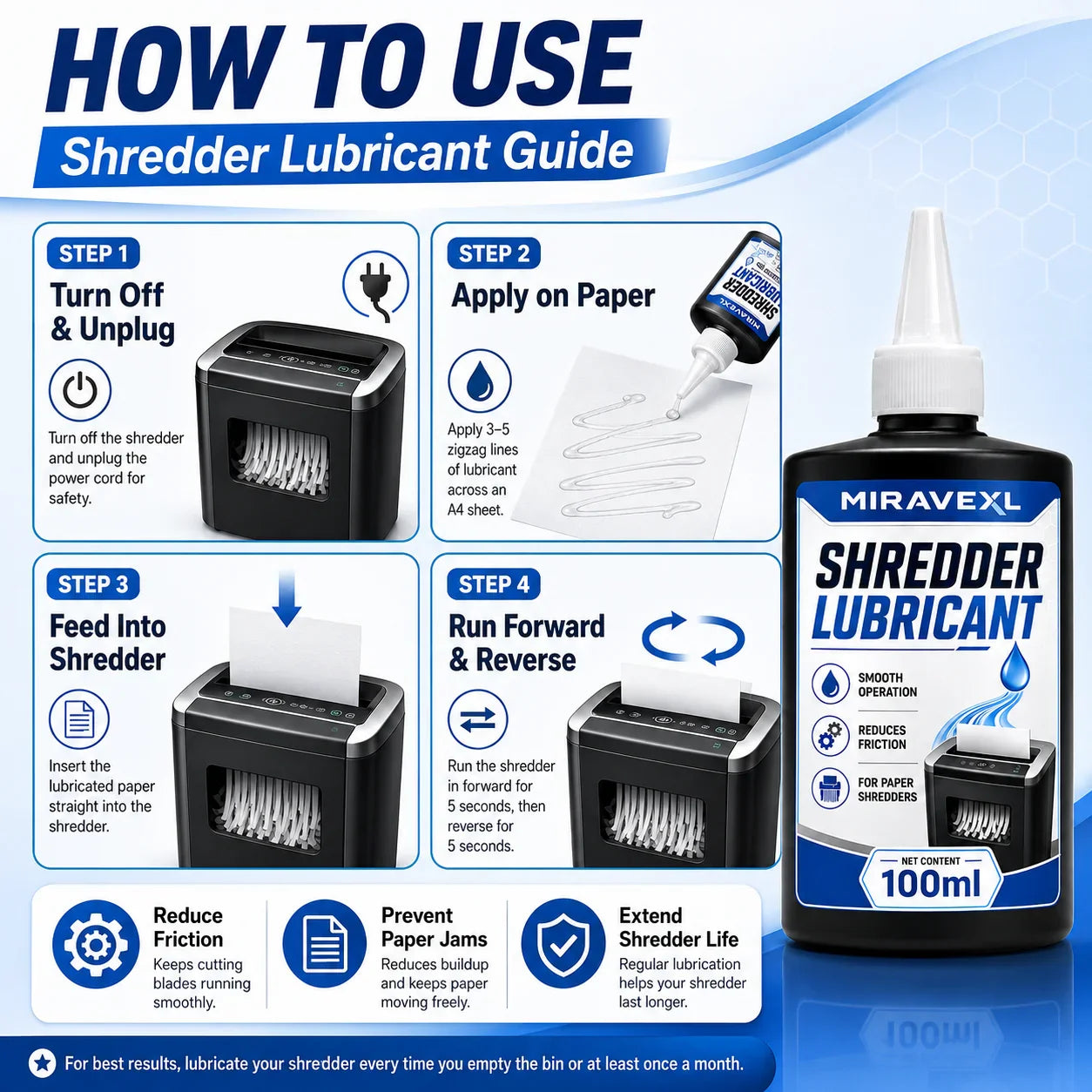 MIRAVEXL Paper Shredder Lubricant Oil – Anti-Jam 100ml