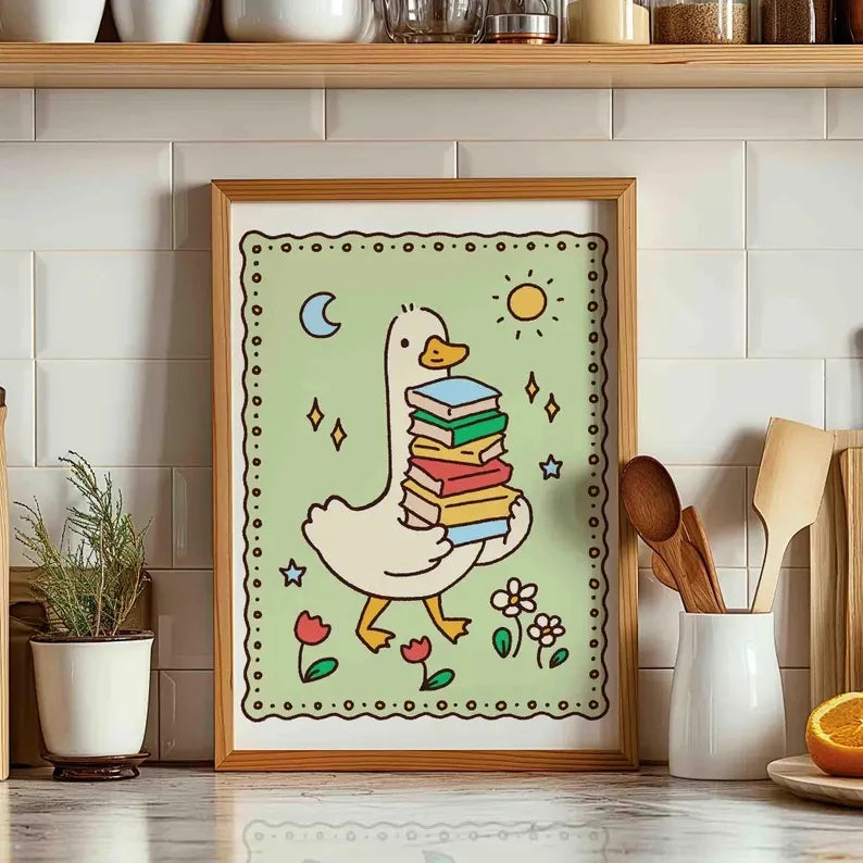 Silly Goose Reads Cartoon Canvas Wall Art Print | Home Decor