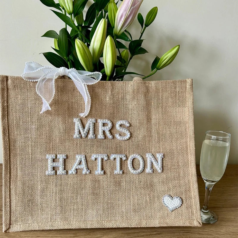 Personalized Name Jute Tote Bag Bride Wedding Engagement Bridal Shower Decoration Bachelorette Party Supplies Future Mrs Present Peaceful Pleasures Health and Wellness