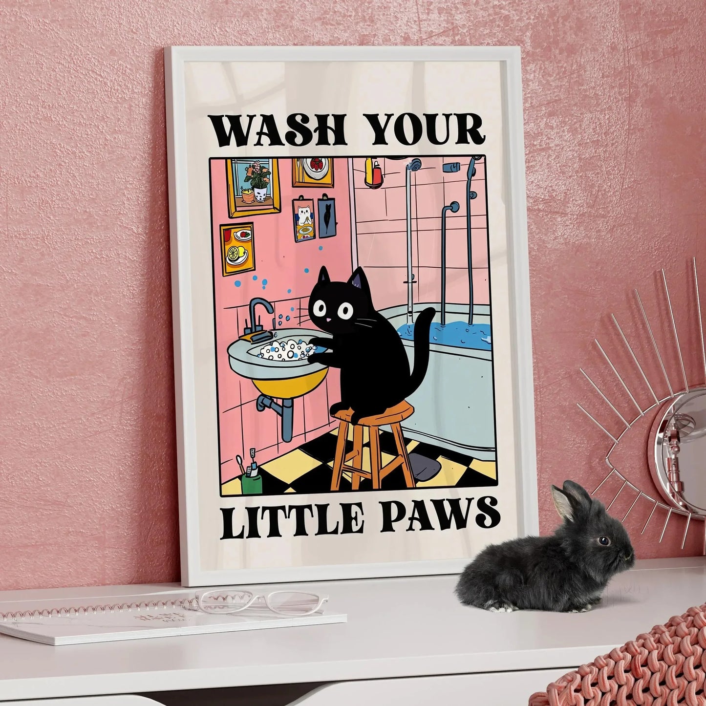 Kawaii Wash Paws Cat Canvas Print | Bathroom & Nursery Wall Art