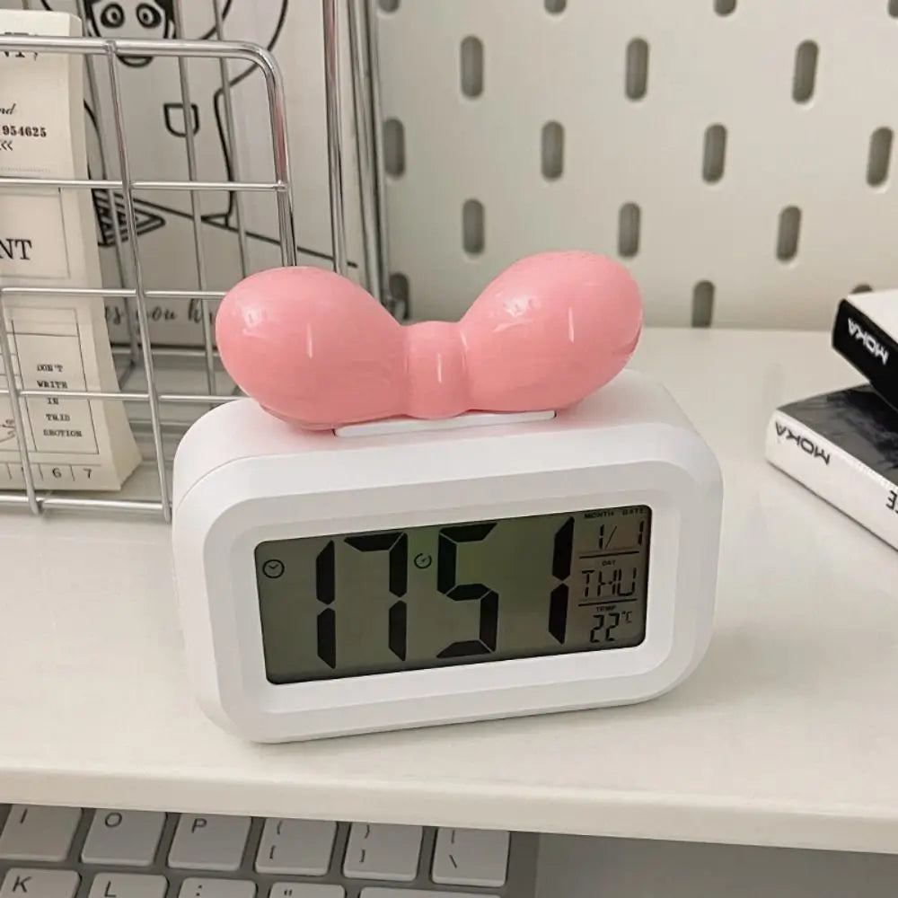 Cute Bowknot LED Digital Clock Temperature Detection Mini Alarm Clock with Night Light Gift Desktop Clock Bedside Decoration Peaceful Pleasures Health and Wellness