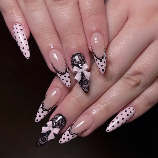 24pc Almond Press On Nails – French Black Polka Dot & 3D Pink Bow Press-On Nail Set Peaceful Pleasures Health and Wellness style 1