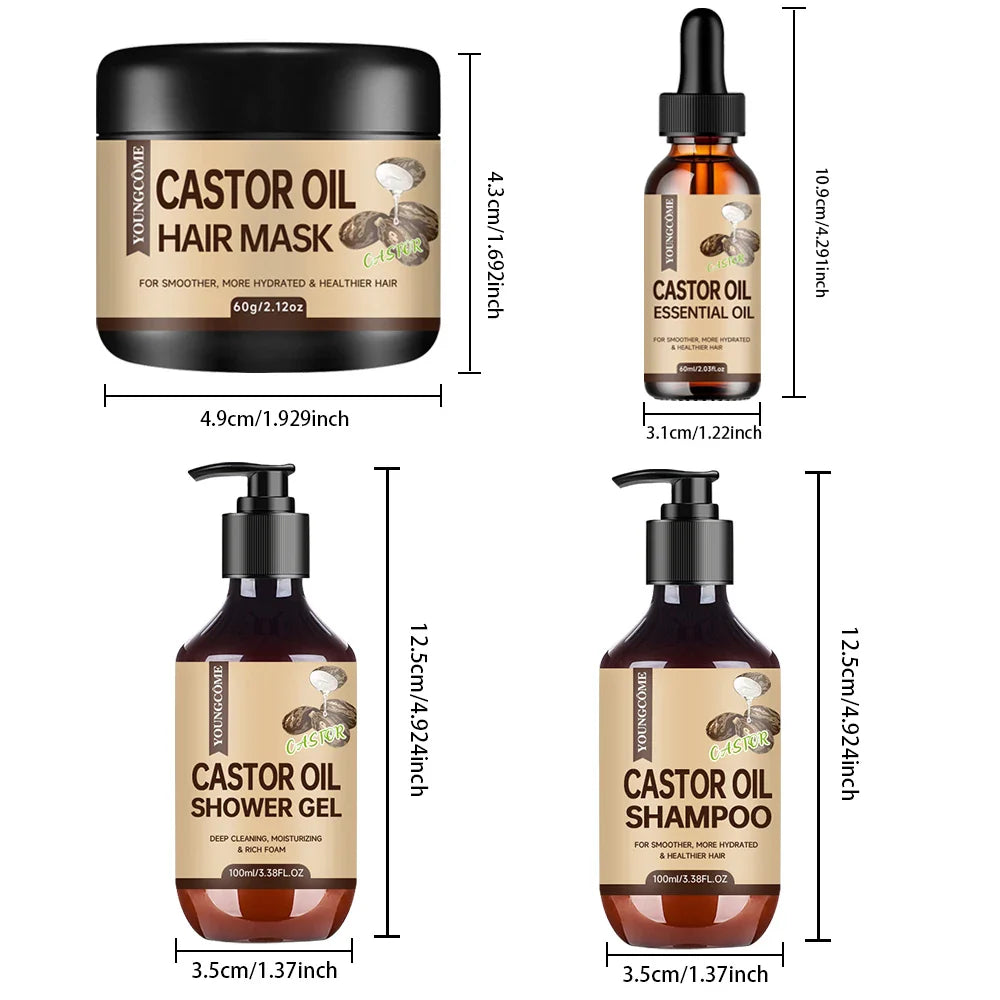 Castor Oil Hair Care Set – Shampoo, Oil, Mask & Shower Gel | 4-Pc