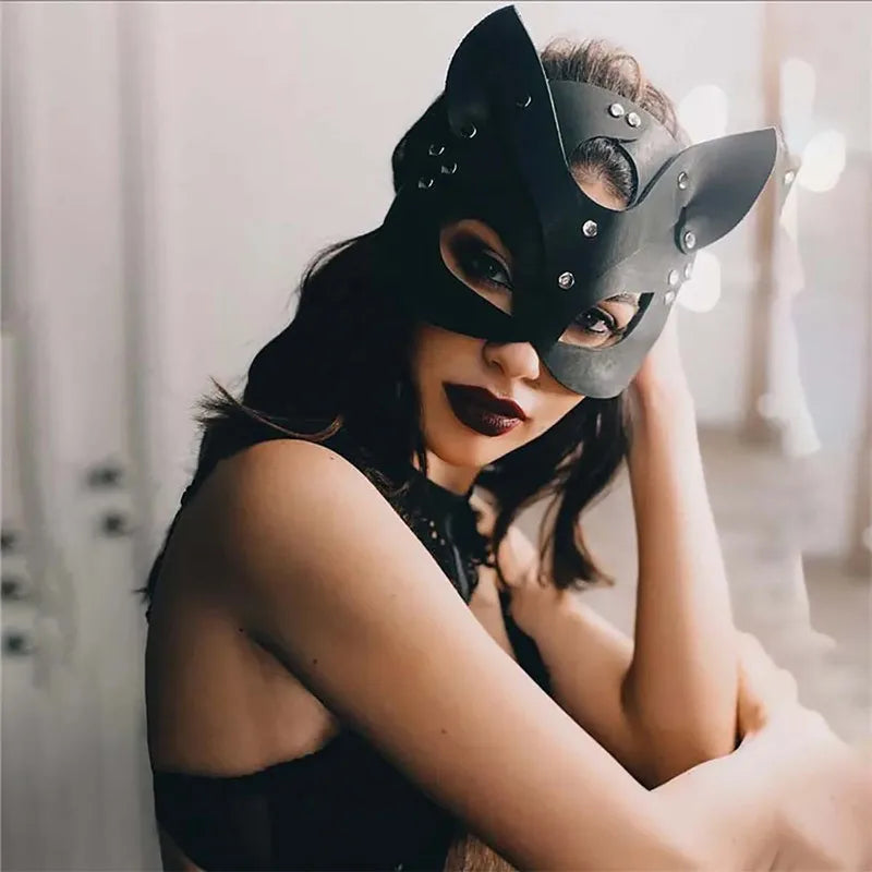 PU Leather Half Face Cat Fox Mask | Halloween Cosplay Party