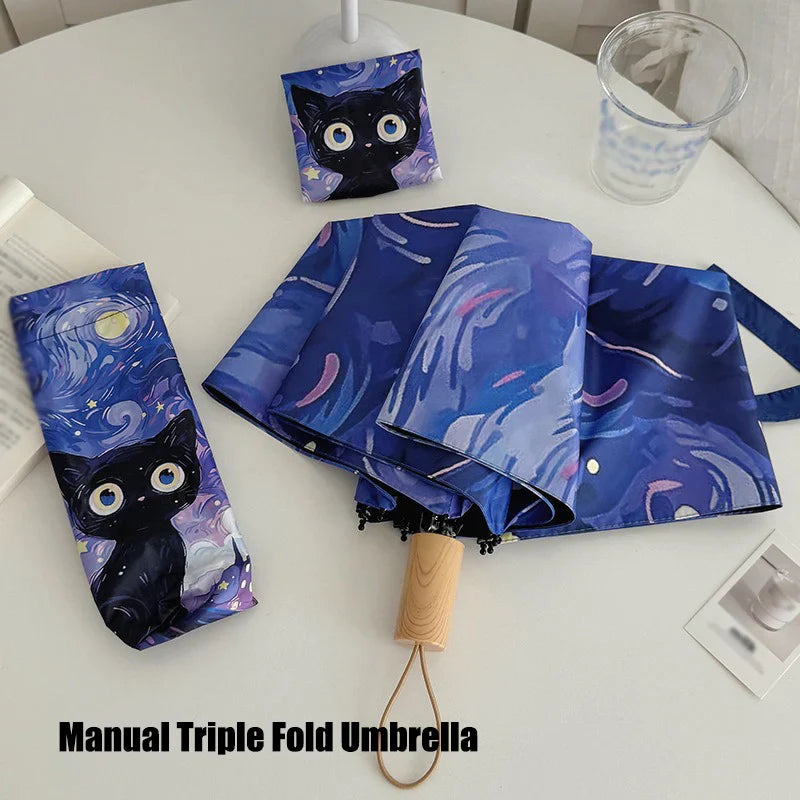 Purple Cartoon Cat Folding Umbrella – UV & Sun Protection