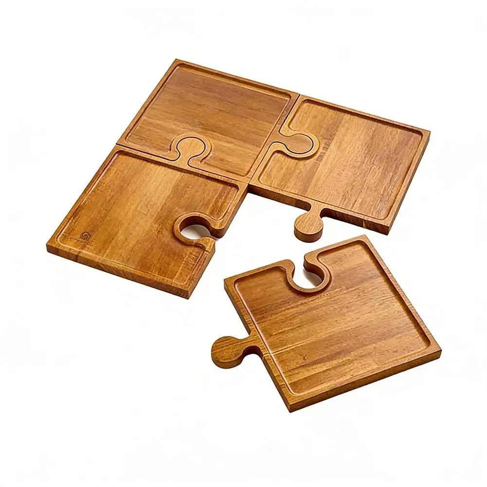 Wooden Puzzle Shaped Appetizer Tray Four Piece Set Cooked Food Board Kitchen Cutting Board Cooked Cheese Bread Charcuterie Board Peaceful Pleasures Health and Wellness wooden