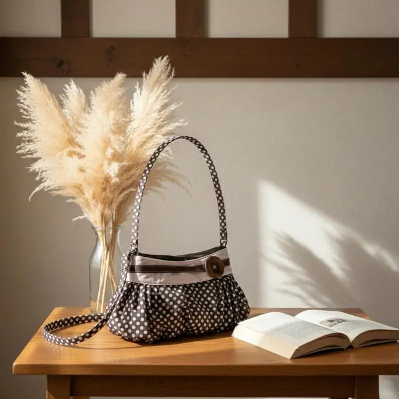 Retro Polka Dot Pleated Cloud Shoulder Bag | Wooden Button