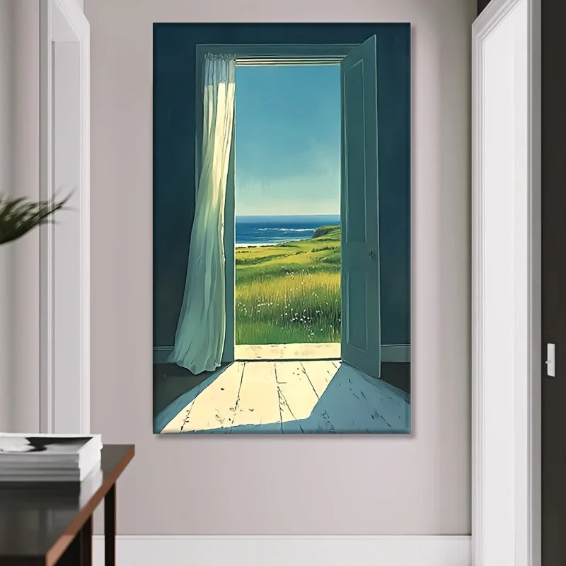 Frameless Seascape Canvas Wall Art | Green Grass Seaside Mural Canvas Wall Art Peaceful Pleasures Health and Wellness