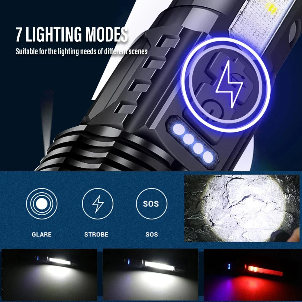 KDULIT XHP70 LED Flashlight 7-Mode Zoomable USB Rechargeable Torch
