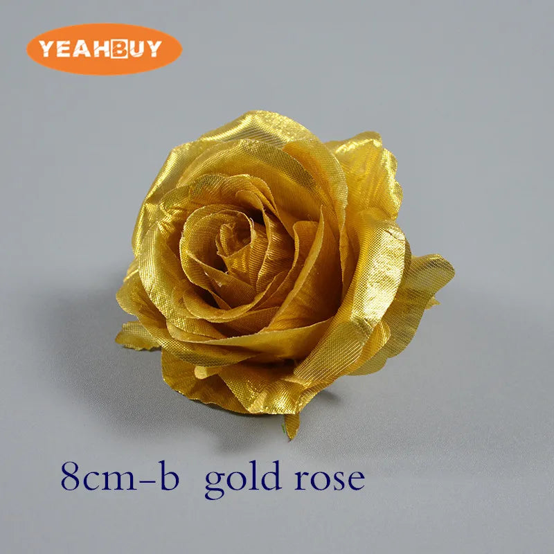 50Pcs Gold Silver Silk Flower Heads – Rose Dahlia Chrysanthemum