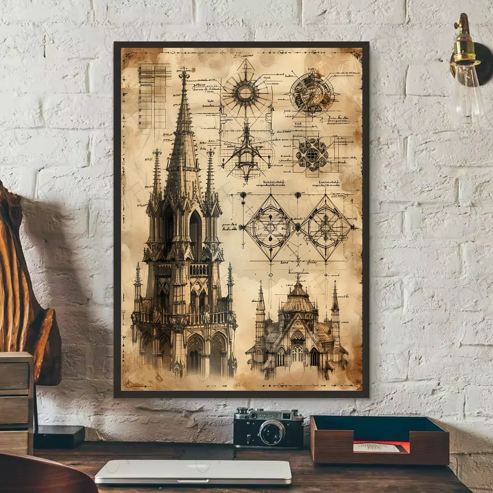 Vintage Architecture Drawings Wall Poster | Waterproof PVC Art Wall Art Poster Peaceful Pleasures Health and Wellness