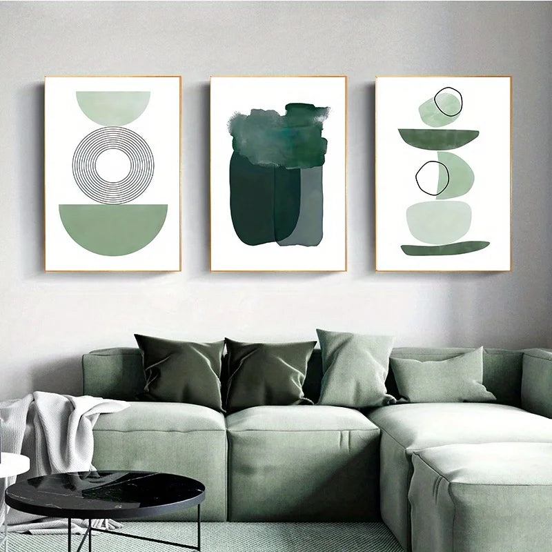 3-Piece Green Abstract Geometry Canvas Wall Art | Nordic Print Canvas Wall Art Set Peaceful Pleasures Health and Wellness