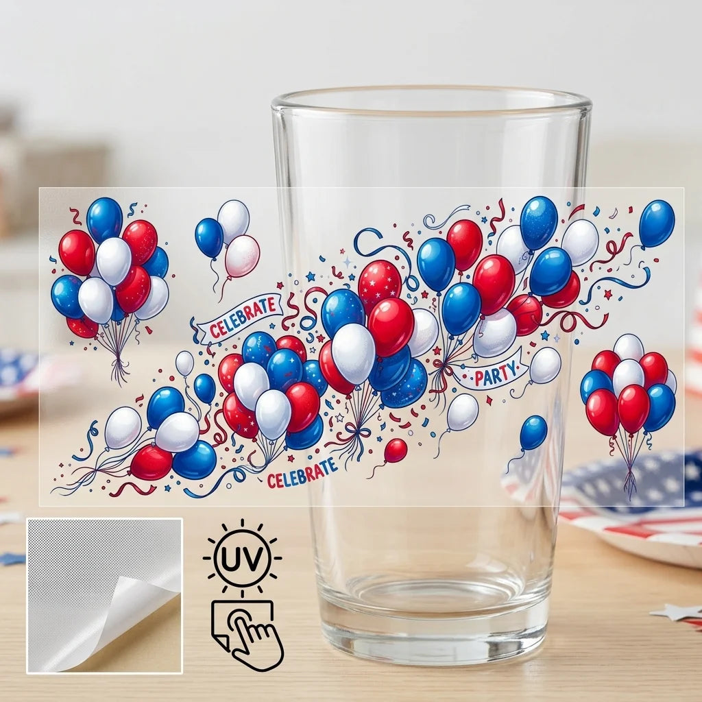 Patriotic Red White Blue Balloon UV DTF Sticker | 16oz Cup Decal