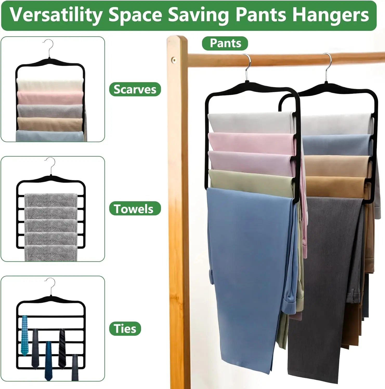 Versatile space-saving pants hanger with scarves, towels, and ties on a wooden rack.