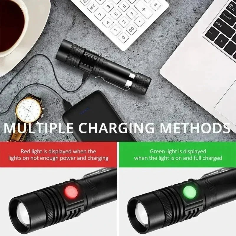 T6 LED Zoomable Rechargeable Flashlight | Headlamp & Pen Clip