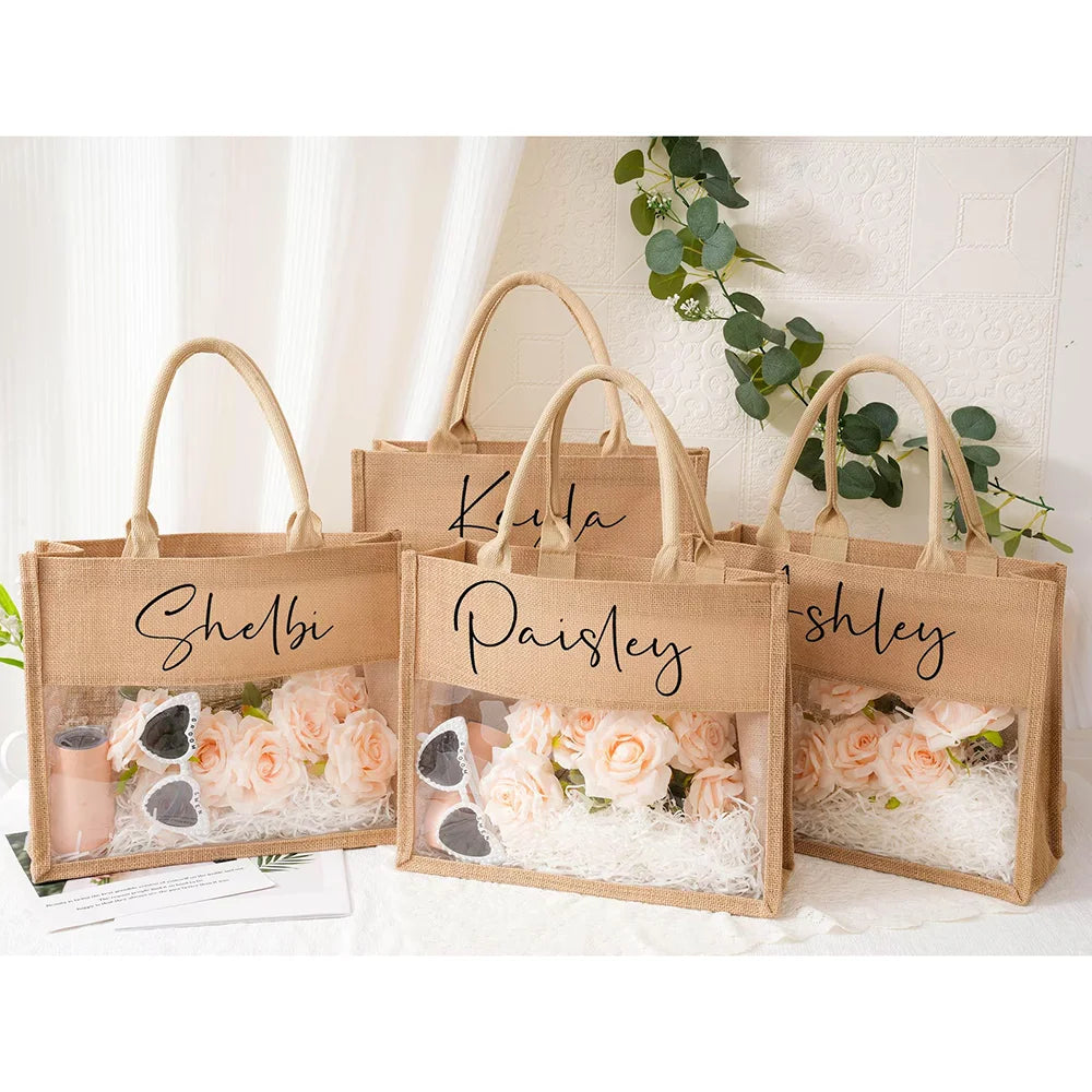 Custom Bridesmaid Beach Bag | Burlap & PVC Tote Wedding Gift