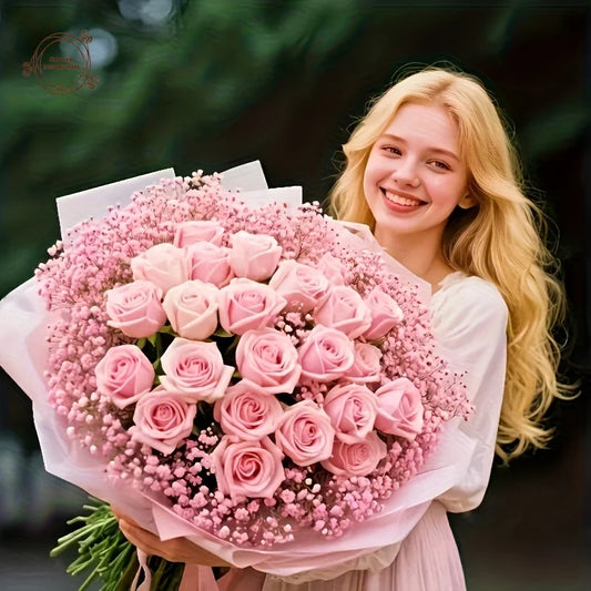 Artificial Pink Rose & Gypsophila Bouquet | Wedding Home Decor Artificial Flower Bouquet Peaceful Pleasures Health and Wellness