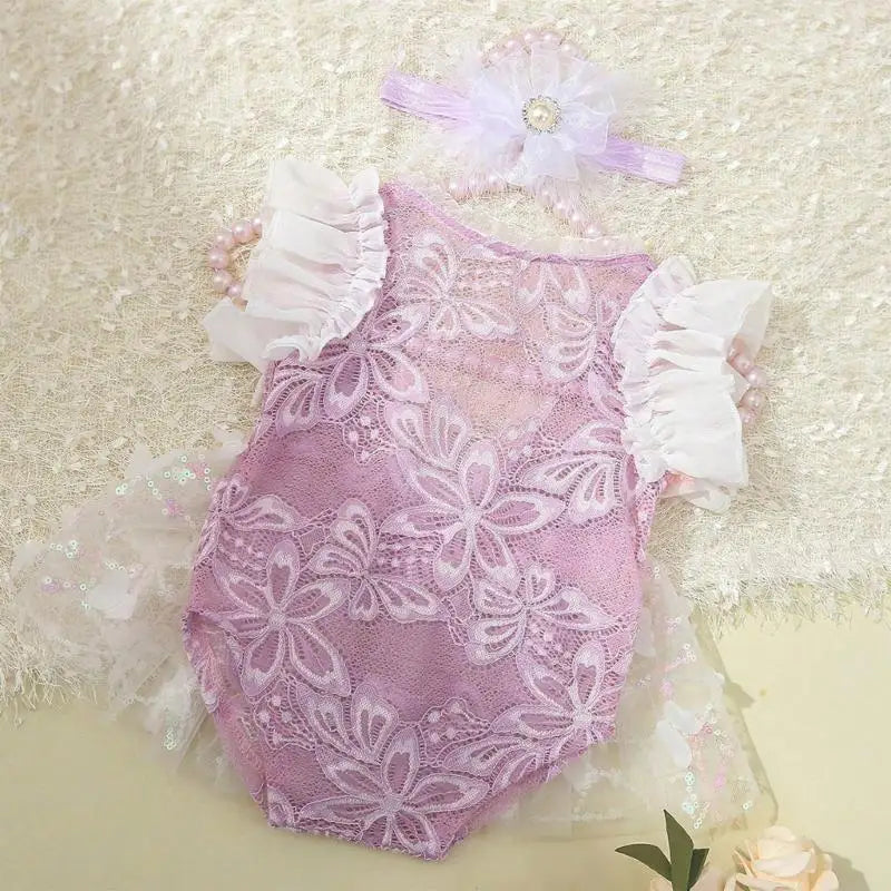 Newborn Lace Romper Photo Prop Set – Baby Girl 0–6M Portrait