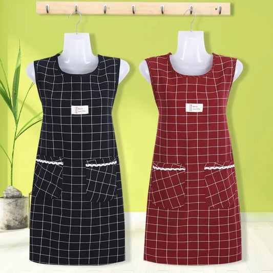 Women's Plaid Cotton Sleeveless Apron – Oil-Proof, Large Pocket Kitchen Apron Oasis Select