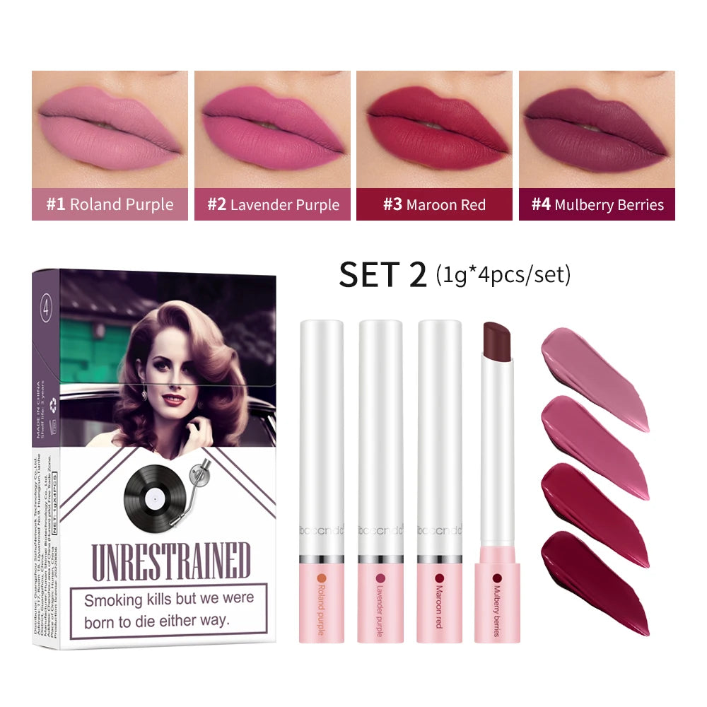 4 pcs/set Cigarette Lipstick Set Long Lasting Lip Glaze Matte Lip Gloss Waterproof Lip Stick Tube Nude Lip Tint Makeup Cosmetics Peaceful Pleasures Health and Wellness 4colors