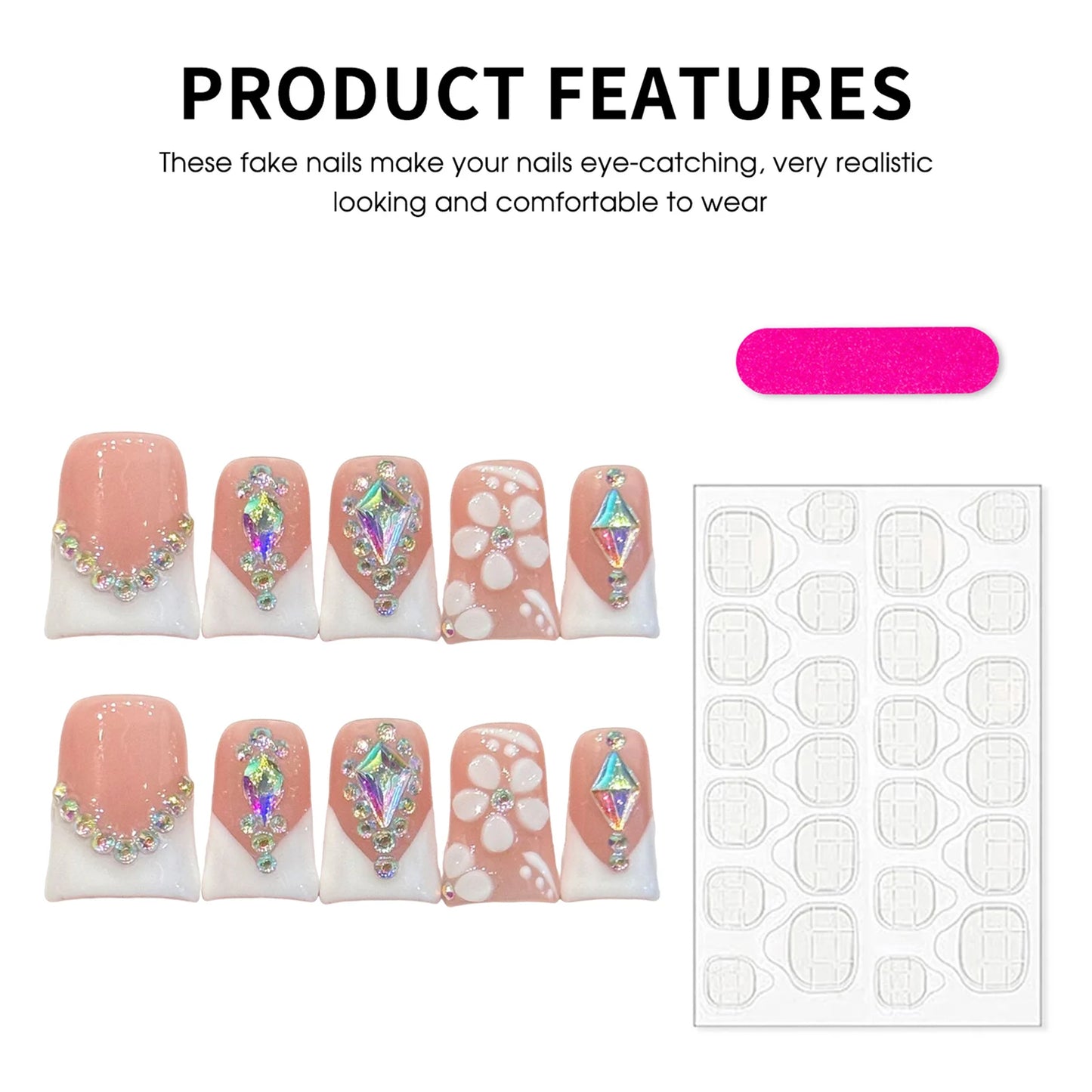 French Duckbill Press On Nails | Crystal Glitter Rhinestone Set