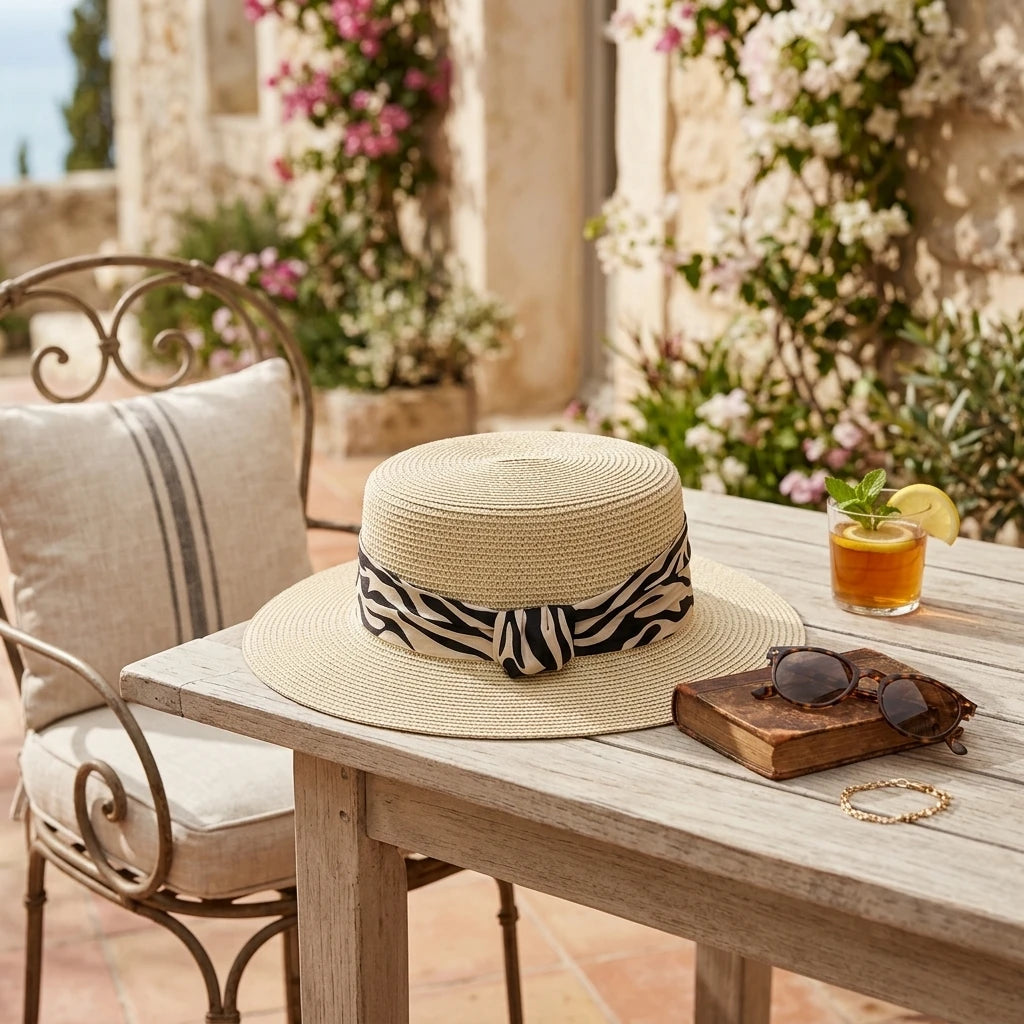 Women's Flat Top Panama Hat Summer French Retro Zebra-Print Straw Sun Hat Outdoor Resort Wide Brim Sun Protections Hat Peaceful Pleasures Health and Wellness