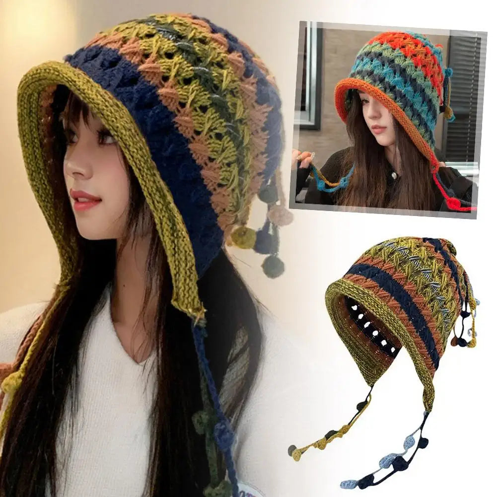 Rainbow Striped Knit Beanie Hat – Women's Winter Ear Protection