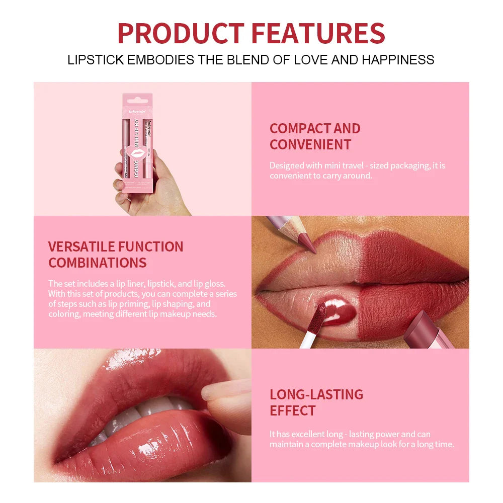 Lakerain Mini Lip Kit – Liner, Lipstick & Gloss Travel Set