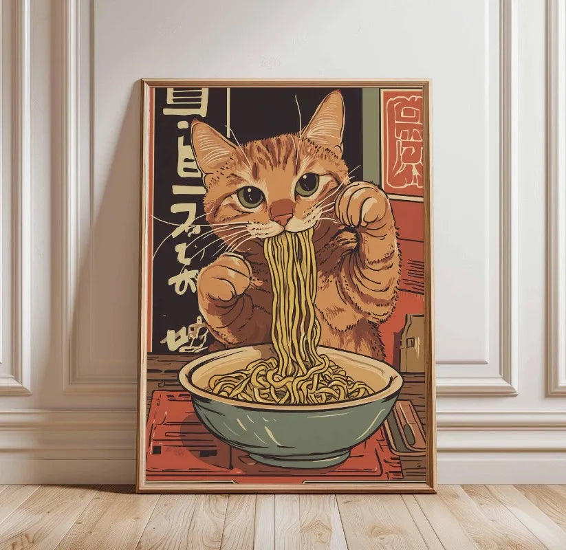 Black Cat Ramen Japanese Food Noodle Ginger Cat Poster Print Wall Art Pictures Canvas Painting Living Room Home Wall Decoration Peaceful Pleasures Health and Wellness TL2893 40x50cm Unframed