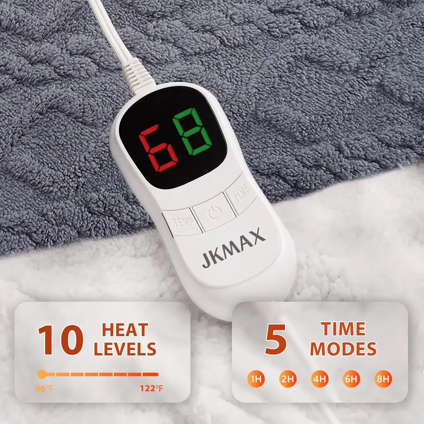 Queen Size Electric Heated Blanket with 10 Heat Levels, 5 Timer Settings & Overheat Protection - ETL Certified Grey Peaceful Pleasures Health and Wellness