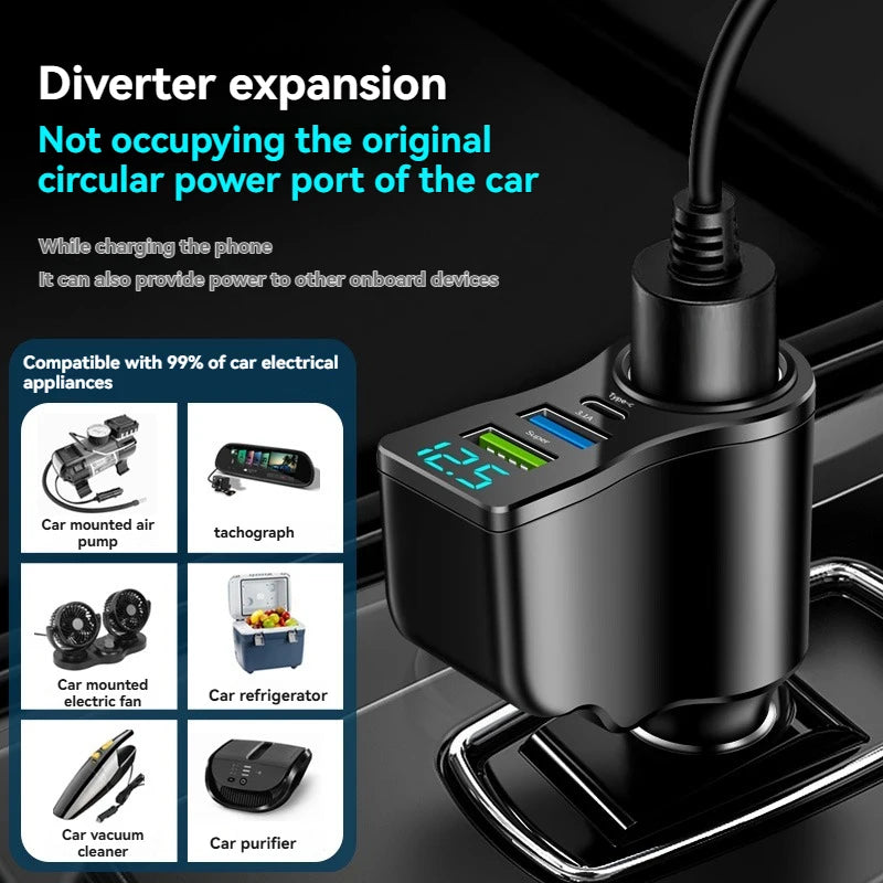 4-in-1 66W USB-C Car Charger with Digital Display & Splitter