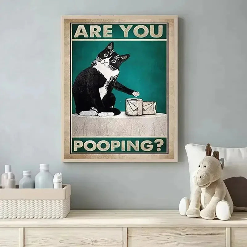 Funny Black Cat Toilet Retro Canvas Poster | Bathroom Wall Art Canvas Wall Poster Peaceful Pleasures Health and Wellness ZLH5602 30x40cm No Frame