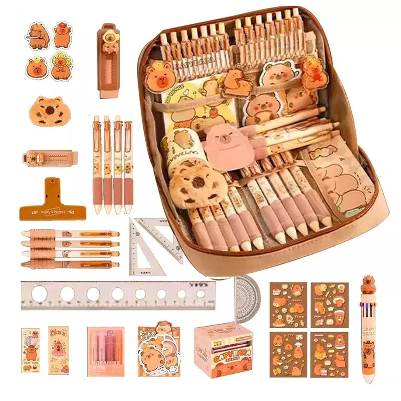 Capybara Stationery Set Cute Pencil Case With Pens Clips Rulers Sticky Note 10-Color Ballpoint Pen Pencil Organizer For Students Peaceful Pleasures Health and Wellness