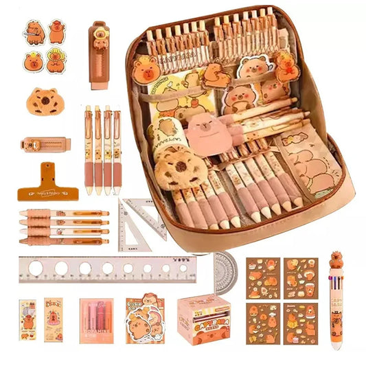 Capybara Stationery Set Cute Pencil Case With Pens Clips Rulers Sticky Note 10-Color Ballpoint Pen Pencil Organizer For Students Peaceful Pleasures Health and Wellness