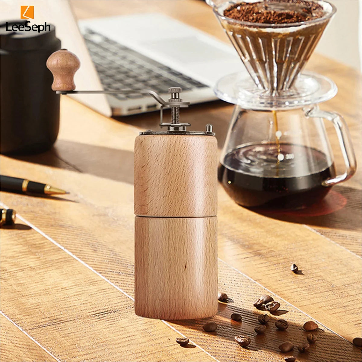 Leeseph Portable Manual Coffee Grinder, Hand Crank Coffee Mill, Durable Beech Wood Design, Ideal for Home, Office, and Travel Peaceful Pleasures Health and Wellness