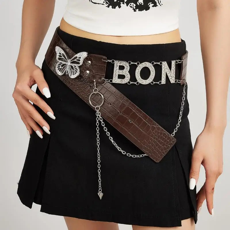 Rhinestone Y2K Letter Belt – PU Butterfly Chain Women's Belt