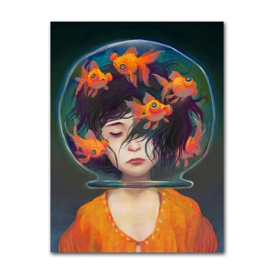 Nordic Cartoon Girl & Fish Abstract Canvas Wall Art Print