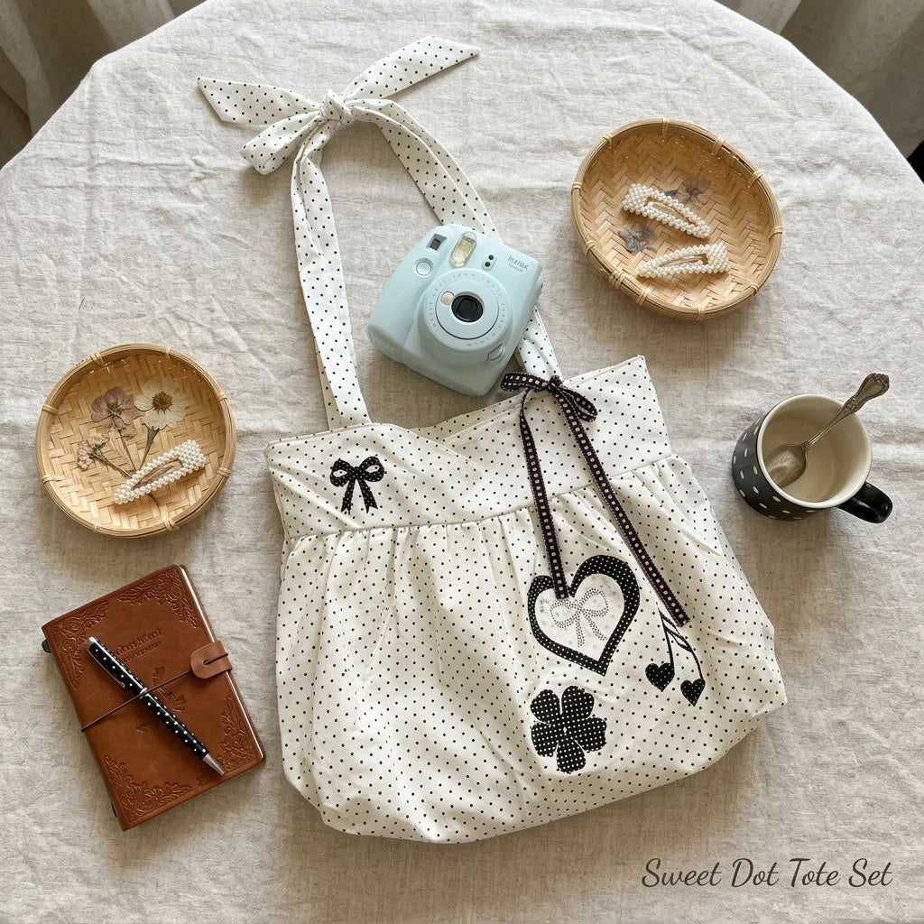 Tote Bag Large Capacity With Polka Dot Heart Print For Commuting And Everyday Use Peaceful Pleasures Health and Wellness