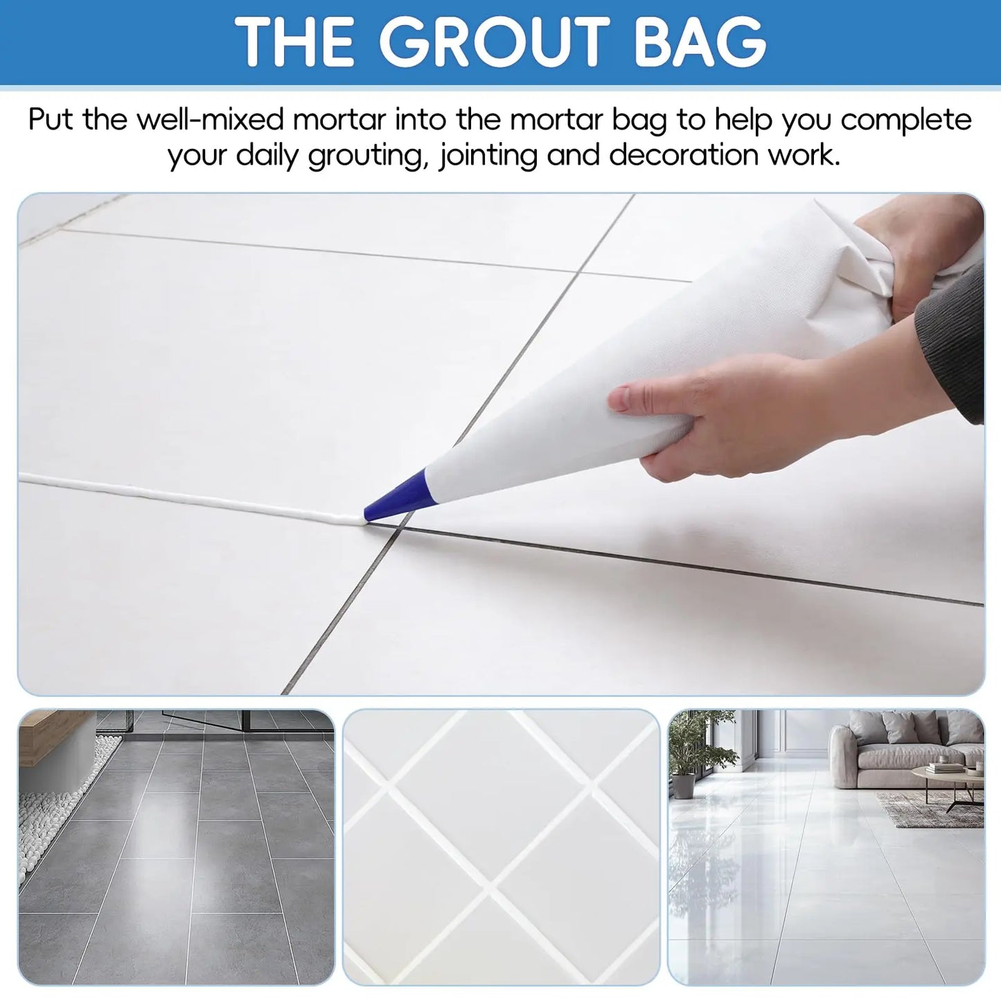 Reusable Mortar Grout Bag Set 3PCS Heavy-Duty Tile Masonry, with Jointer & Pointers, Blue Tip for Easy DIY Installation Grouting Peaceful Pleasures Health and Wellness